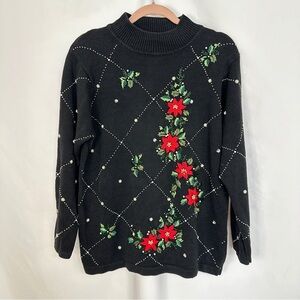B.P. Design Christmas Poinsettia Beaded Embroidered Black Crew Neck Sweater Larg